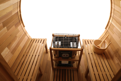 Blisspod Prague Canadian Red Cedar Outdoor Steam Barrel Sauna with Full Glass Back and 6 kW Toule Heater, 4–6 Person, 70.87 in. Diameter