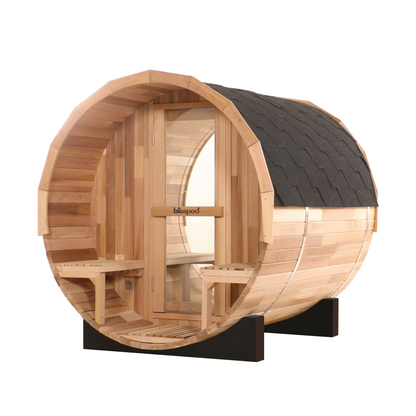 Blisspod Prague Canadian Red Cedar Outdoor Steam Barrel Sauna with Full Glass Back, Front Porch Seating and 6 kW Toule Heater, 70.87 in. Diameter