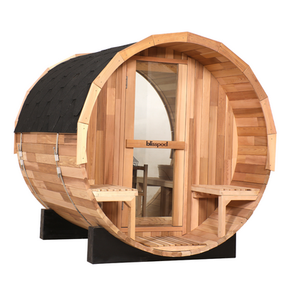 Blisspod Prague Canadian Red Cedar Outdoor Steam Barrel Sauna with Full Glass Back, Front Porch Seating and 6 kW Toule Heater, 70.87 in. Diameter
