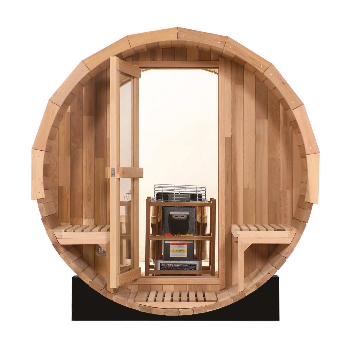 Blisspod Prague Canadian Red Cedar Outdoor Steam Barrel Sauna with Full Glass Back, Front Porch Seating and 6 kW Toule Heater, 70.87 in. Diameter