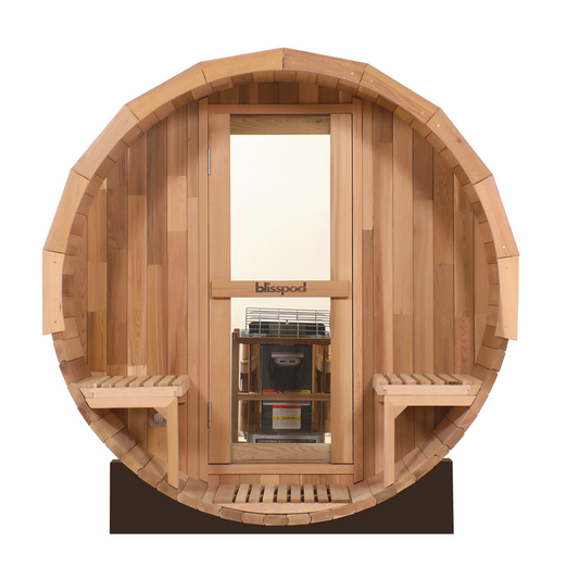 Blisspod Prague Canadian Red Cedar Outdoor Steam Barrel Sauna with Full Glass Back, Front Porch Seating and 6 kW Toule Heater, 70.87 in. Diameter