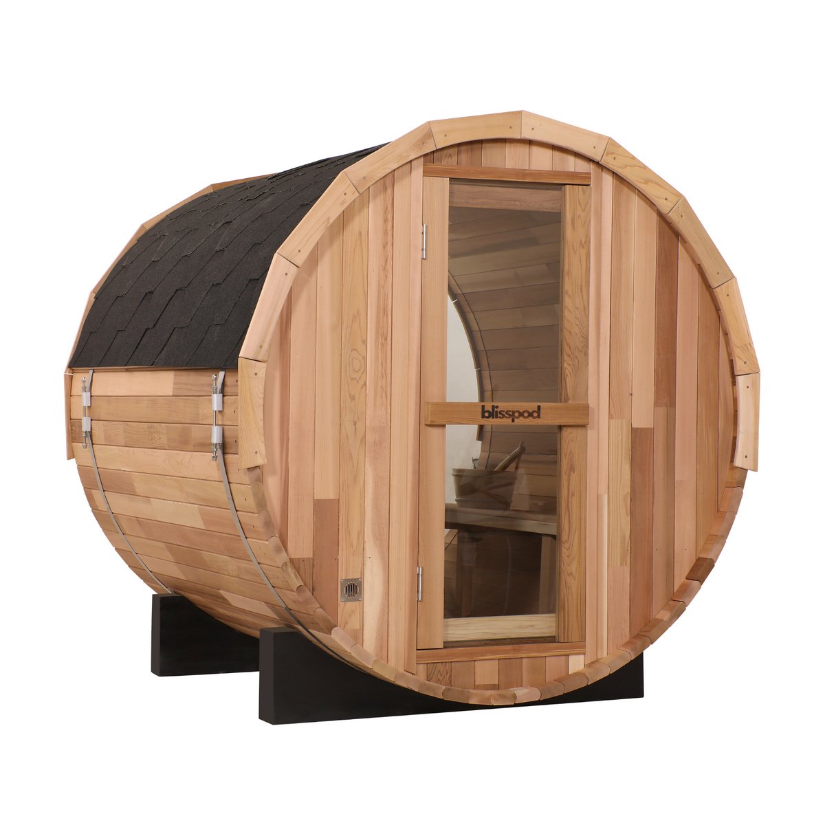 Blisspod Prague Canadian Red Cedar Outdoor Steam Barrel Sauna with Full Glass Back and 6 kW Toule Heater, 4–6 Person, 70.87 in. Diameter