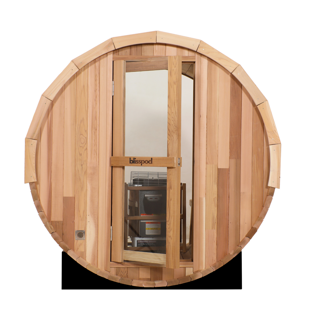 Blisspod Prague Canadian Red Cedar Outdoor Steam Barrel Sauna with Full Glass Back and 6 kW Toule Heater, 4–6 Person, 70.87 in. Diameter