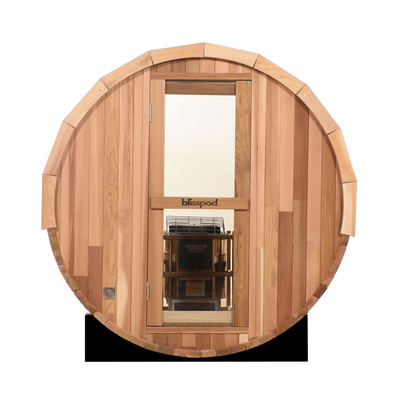 Blisspod Prague Canadian Red Cedar Outdoor Steam Barrel Sauna with Full Glass Back and 6 kW Toule Heater, 4–6 Person, 70.87 in. Diameter