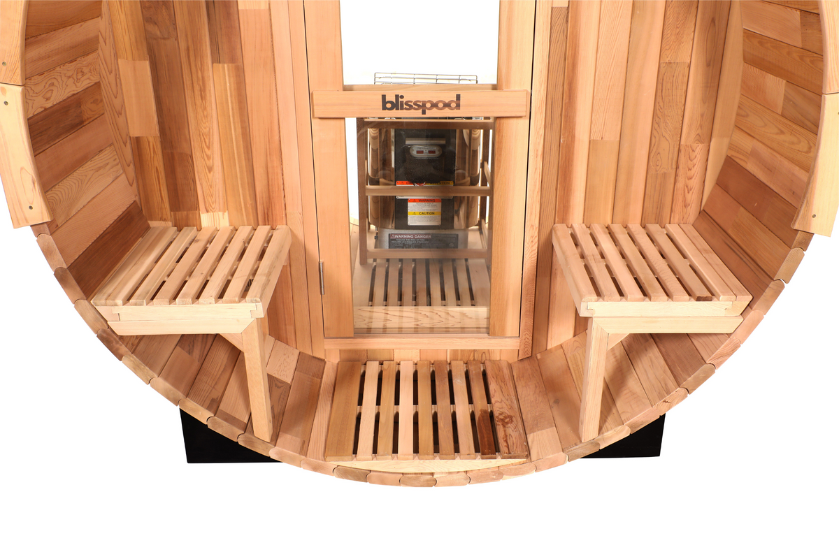 Blisspod Prague Canadian Red Cedar Outdoor Steam Barrel Sauna with Full Glass Back, Front Porch Seating and 6 kW Toule Heater, 70.87 in. Diameter