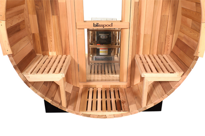 Blisspod Prague Canadian Red Cedar Outdoor Steam Barrel Sauna with Full Glass Back, Front Porch Seating and 6 kW Toule Heater, 70.87 in. Diameter