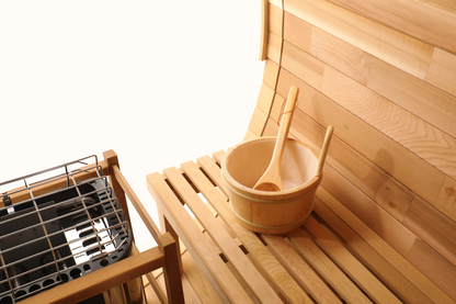 Blisspod Prague Canadian Red Cedar Outdoor Steam Barrel Sauna with Full Glass Back, Front Porch Seating and 6 kW Toule Heater, 70.87 in. Diameter