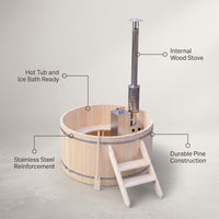 Wood Fired 4-Person to 5-Person 0-Jet Hot Tub and Ice Bath with Internal Stove Pine — infographic