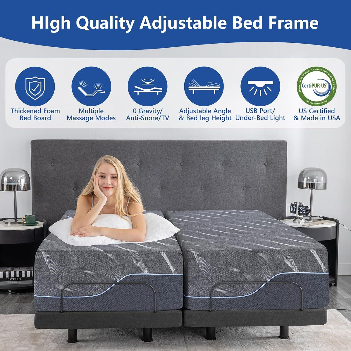 Full Adjustable Bed Frame with Massage, 14 Inch Grey Gel Memory Foam Medium-Firm Mattress in Box, Adjustable Bed Base with Thickened Foam Frame, Voice Control, Adjustable Legs, Smart Bed