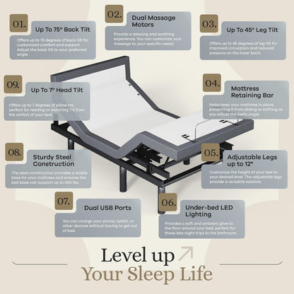 Sven & Son Harmony Adjustable Bed Base, Head and Foot Lift, Massage, Under-Bed Lights, USB, Memory, Zero Gravity Smart Frame - Twin XL