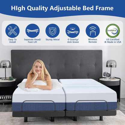 Queen Size Adjustable Bed Frame with Mattress,14 Inch Blue Gel Memory Foam Medium-Firm Mattress in Box, Adjustable with Adjustable Leg Height,Sturdy Metal,0 Gravity/Anti-Snore,Smart Electric Bed Frame