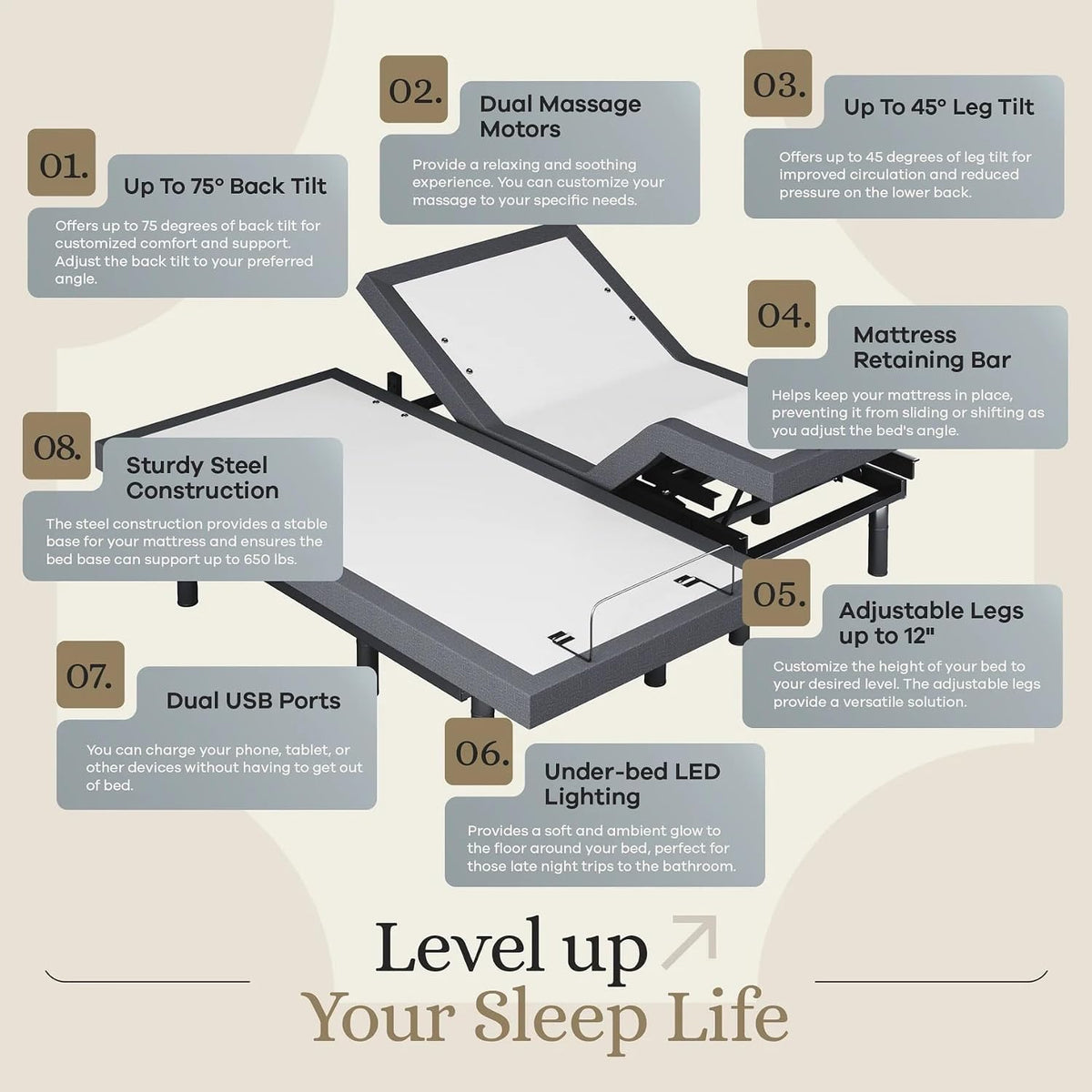 Sven & Son Classic Adjustable Bed Base, Head and Foot Lift, Massage, Under-Bed Lights, USB, Gel Memory, Zero Gravity Smart Frame - Split California King + 12 Inch Memory Foam Matt (Medium)