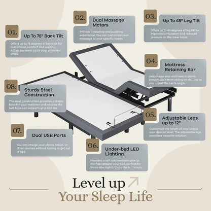 Sven & Son Classic Adjustable Bed Base, Head and Foot Lift, Massage, Under-Bed Lights, USB, Gel Memory, Zero Gravity Smart Frame - Split California King + 12 Inch Memory Foam Matt (Medium)
