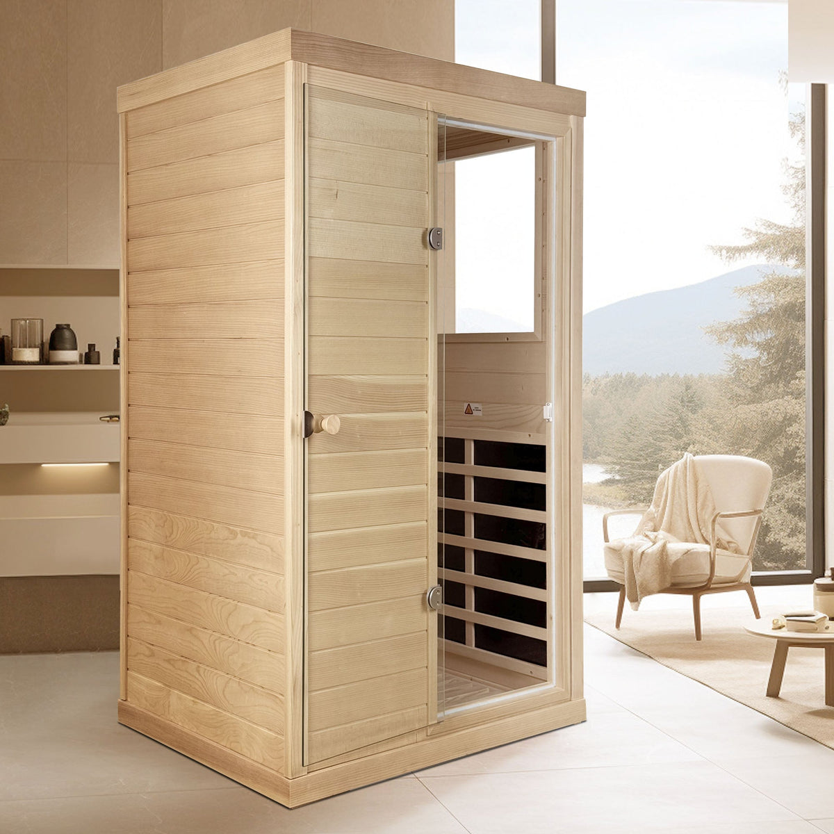 Canadian Hemlock Wood One Person Far Infrared Sauna with Bluetooth Audio - Natural