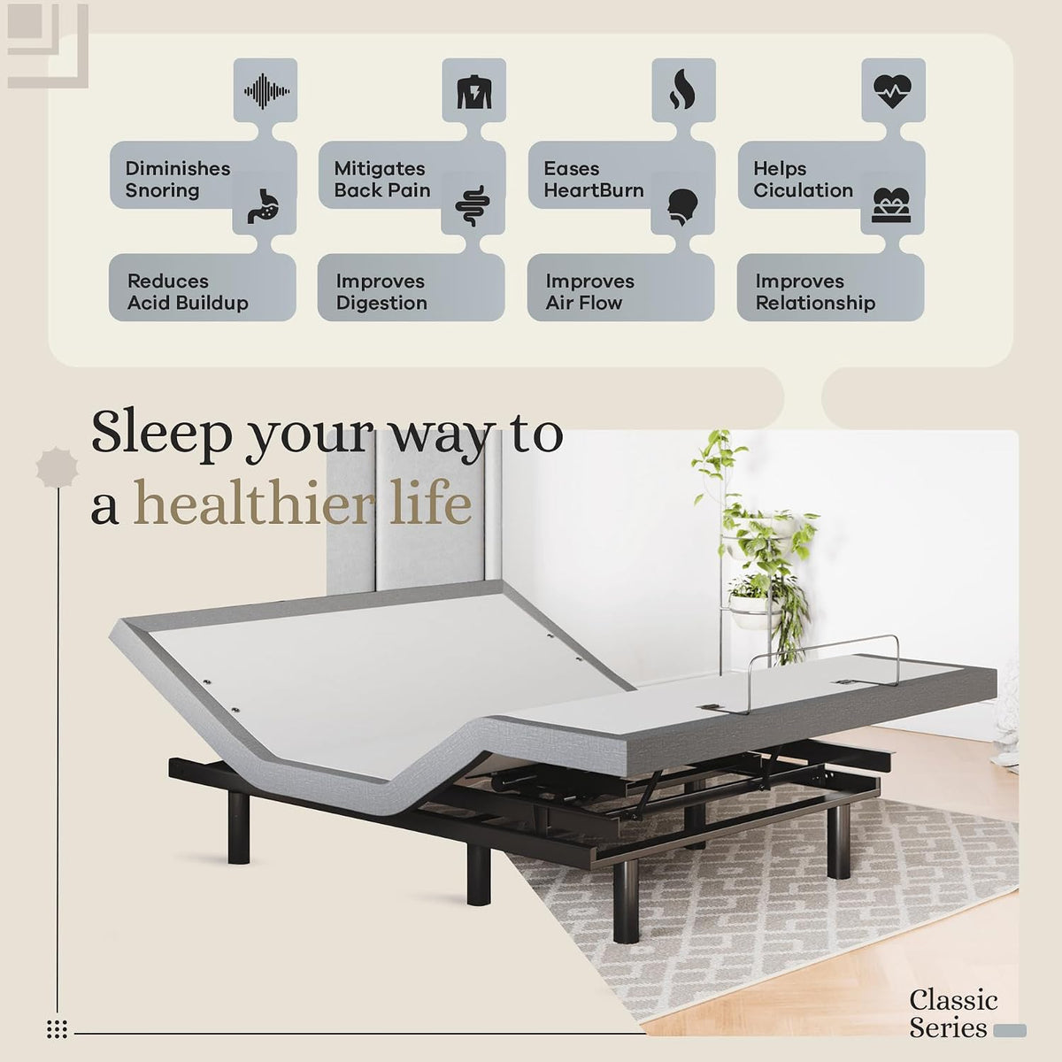 Sven & Son Classic Adjustable Bed Base, Head and Foot Lift, Massage, Under-Bed Lights, USB, Memory, Zero Gravity Smart Frame - Queen