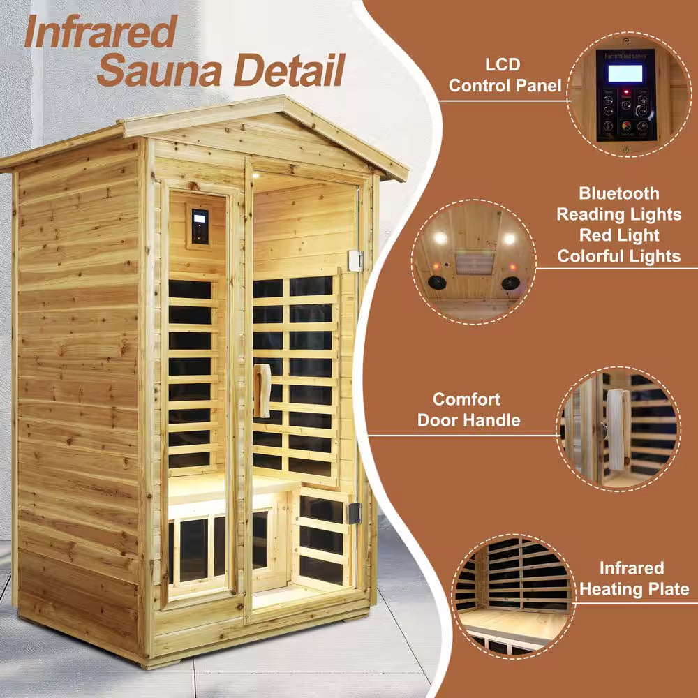 Moray 1-2 Person Outdoor Fir Infrared Sauna with 8 Far-Infrared Carbon Crystal Heaters and Chromotherapy