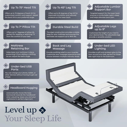 Sven & Son Platinum Adjustable Bed Base Frame, Head and Foot Lift, Lumbar Support, Head-Pillow-Tilt, Massage, Under-Bed Lights, USB - Twin XL