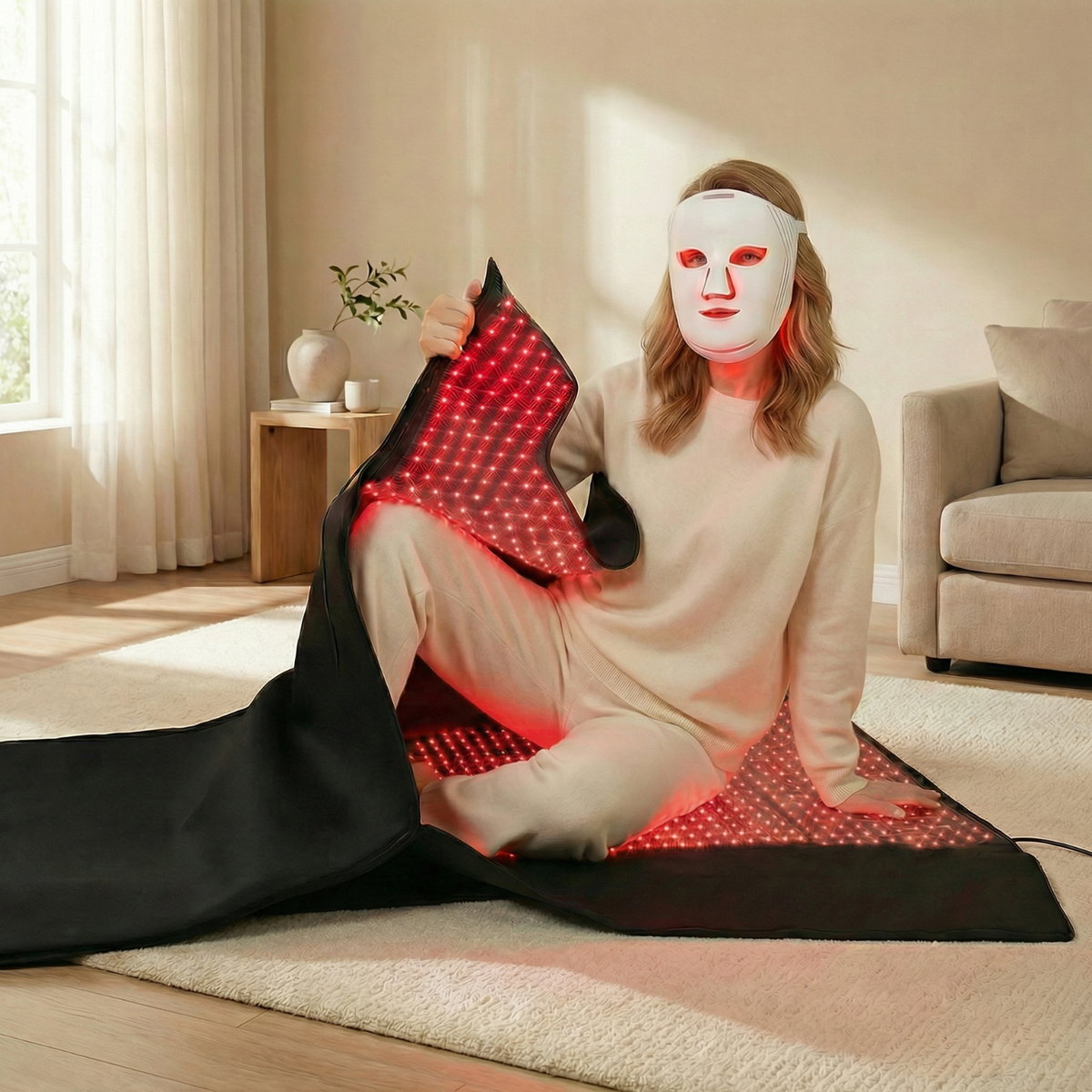 Nicebeam Full Body Red Light Therapy Bundle, 660 nm and 850 nm LED Mat or Bag Paired with Hat, Sleep Recovery Lamp, or Face Mask, Two Mat Sizes