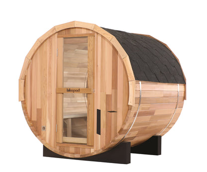 Blisspod Prague Canadian Red Cedar Outdoor Steam Barrel Sauna with Full Glass Back and 6 kW Toule Heater, 4–6 Person, 70.87 in. Diameter
