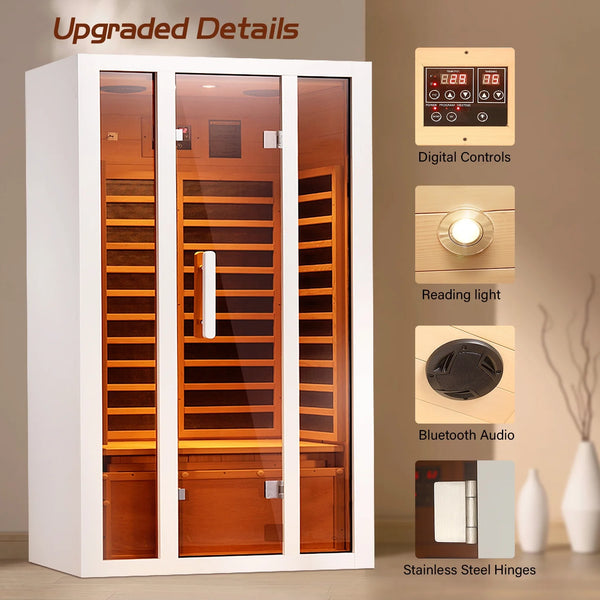 Vanity Art 2-Person Extendable FAR Infrared Sauna for Home, Hemlock Wood, Low EMF 6 Carbon Heaters, Indoor Sauna with LED Lights, Bluetooth Speaker, Digital Control Panel, and Seating Bench