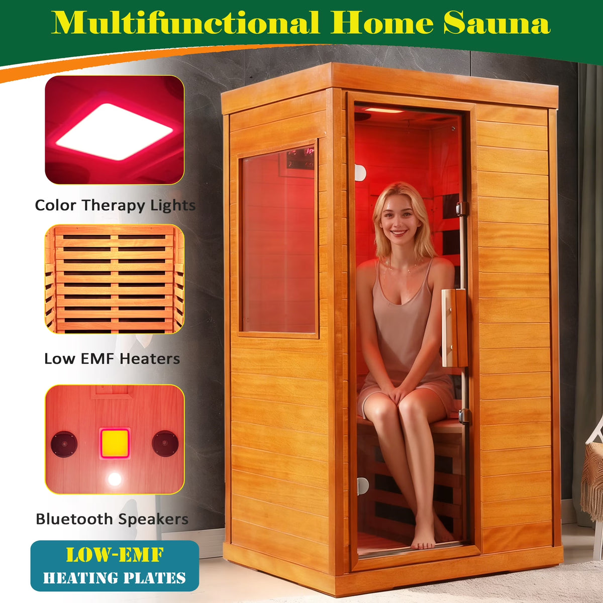 Dry Sauna for Home, 1120W Far Infrared Saunabox with 7-Color Light, 1-Person Indoor Sauna Room W/ Red Light, Bluetooth Audio, LED Reading Light, 77-140℉, Multi-Function Setting