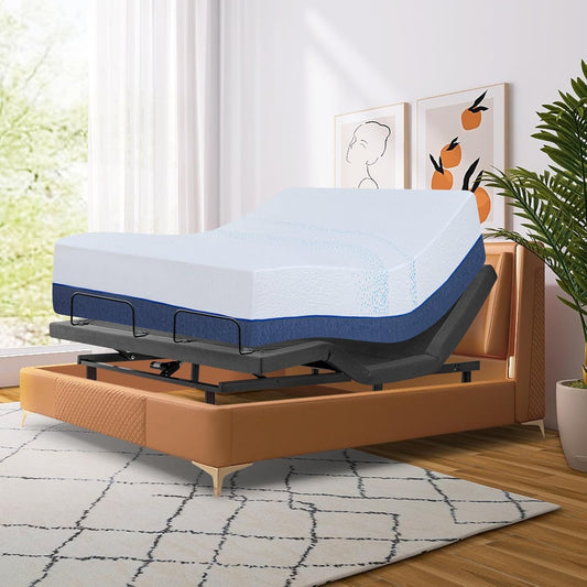 Queen Size Adjustable Bed Frame with Mattress,14 Inch Blue Gel Memory Foam Medium-Firm Mattress in Box, Adjustable with Adjustable Leg Height,Sturdy Metal,0 Gravity/Anti-Snore,Smart Electric Bed Frame