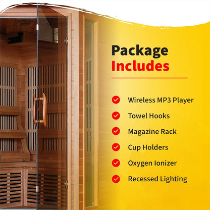 HEATWAVE Hudson Bay 3 Person Cedar Infrared Wood Sauna for Home Relaxation & Detox – Indoor Sauna with 7 Carbon Heaters, Chromotherapy Lighting, Oxygen Ionizer, & Built-In Stereo Sound System