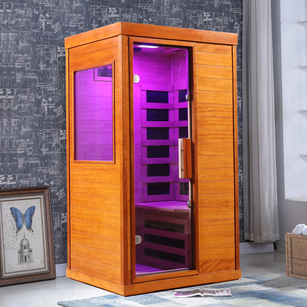 Seizeen 1-Person Far Infrared Sauna, Okoume Wood, 6 Low-EMF Carbon Heaters with Independent Foot Heater, 1120 W 110 V Plug-In, Red Light Panel, 7-Color Lighting, Bluetooth Speakers, 35.4 x 27.5 x 63.3 in.