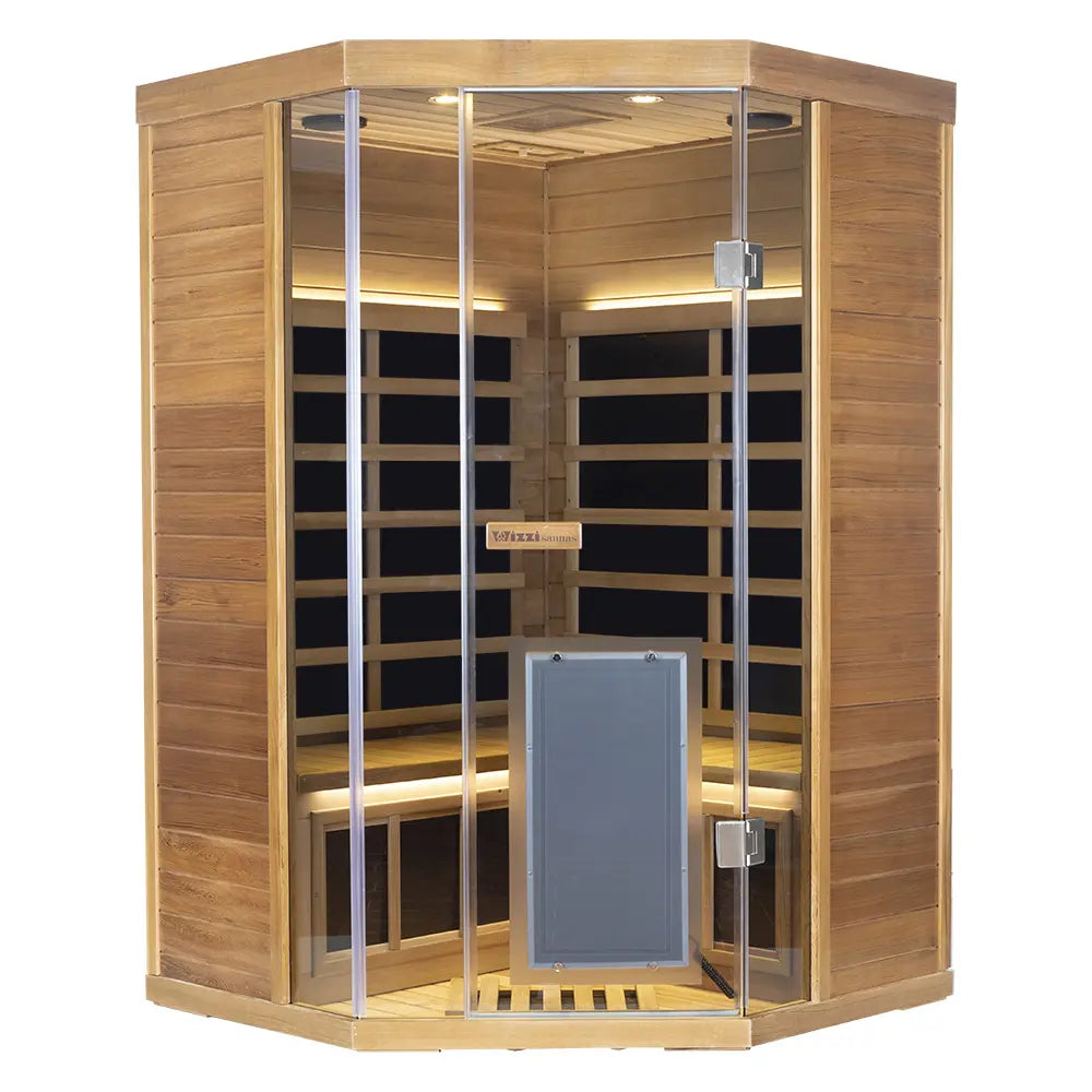 Wizzisauna SR07 2-3 Person Corner Red Cedar Far Infrared Sauna with 8 Carbon Heaters