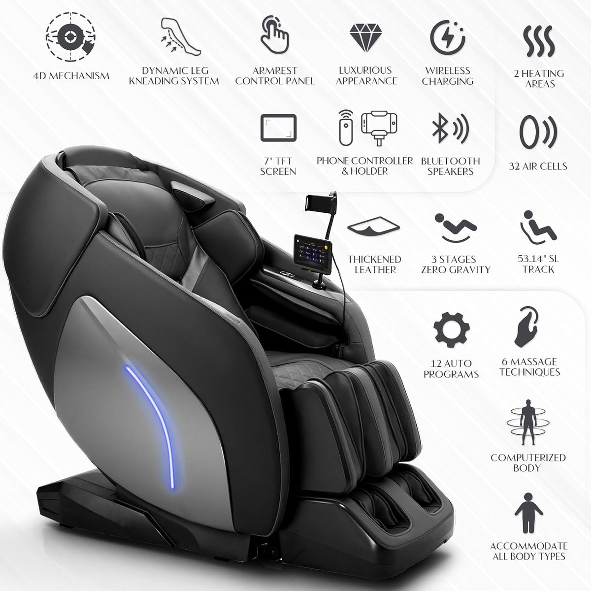 4D Full Body Massage Chair W/ Leg Kneading, Zero Gravity & 53 in SL Track