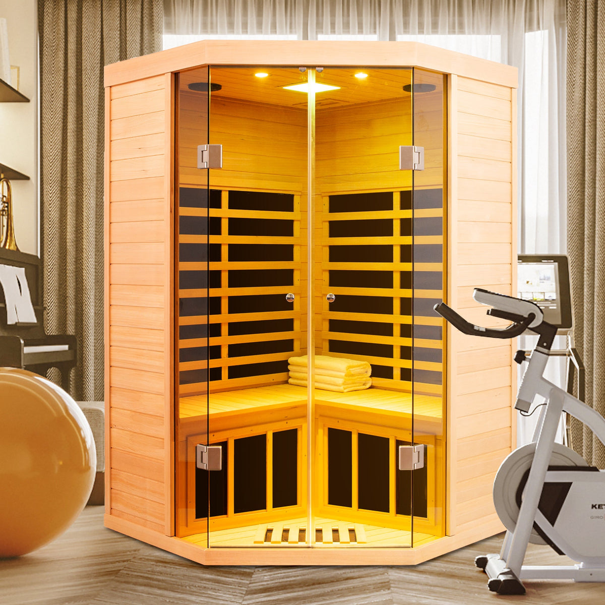 Home Furnishers 2-Person Deluxe Corner Far Infrared Sauna with 7 Heating Panels, Hemlock Wood