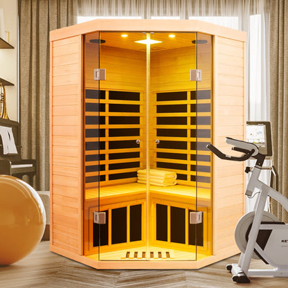 Home Furnishers 2-Person Deluxe Corner Far Infrared Sauna with 7 Heating Panels, Hemlock Wood