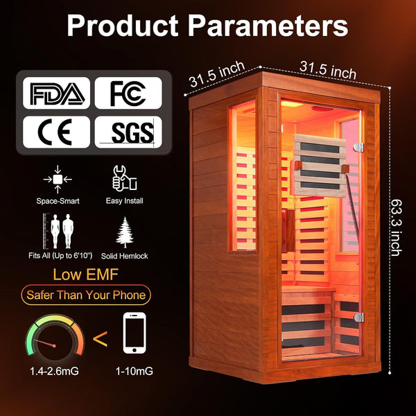 CedarLuma 1-Person Infrared Sauna with Red Light Therapy Panel, 660nm & 850nm, Canadian Hemlock, 7 Carbon Heaters, 1170W