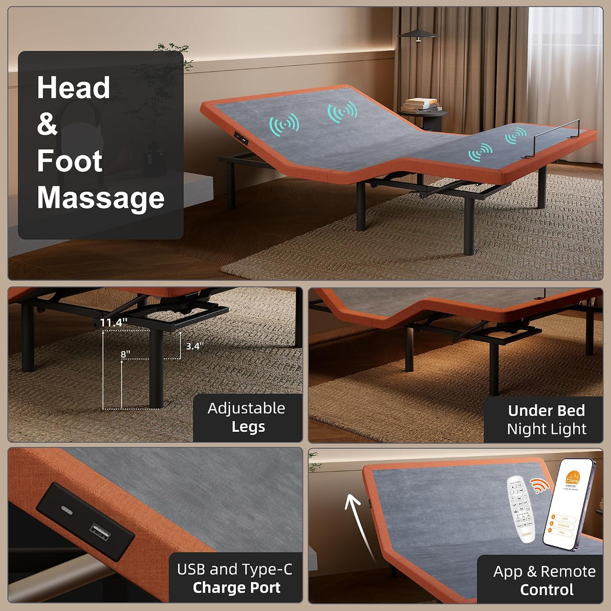 Twin XL Adjustable Bed Frame 14" Hybrid Mattress with Massage