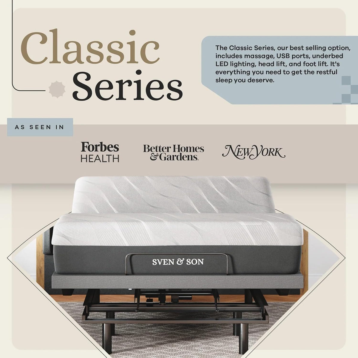 Sven & Son Classic Adjustable Bed Base, Head and Foot Lift, Massage, Under-Bed Lights, USB, Gel Memory, Zero Gravity Smart Frame - Full + 10 Inch Memory Foam Matt (Firm)