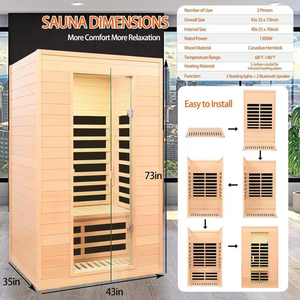 Moray 1-2 Person Indoor Hemlock Infrared Sauna with 5 Far-Infrared Carbon Crystal Heaters