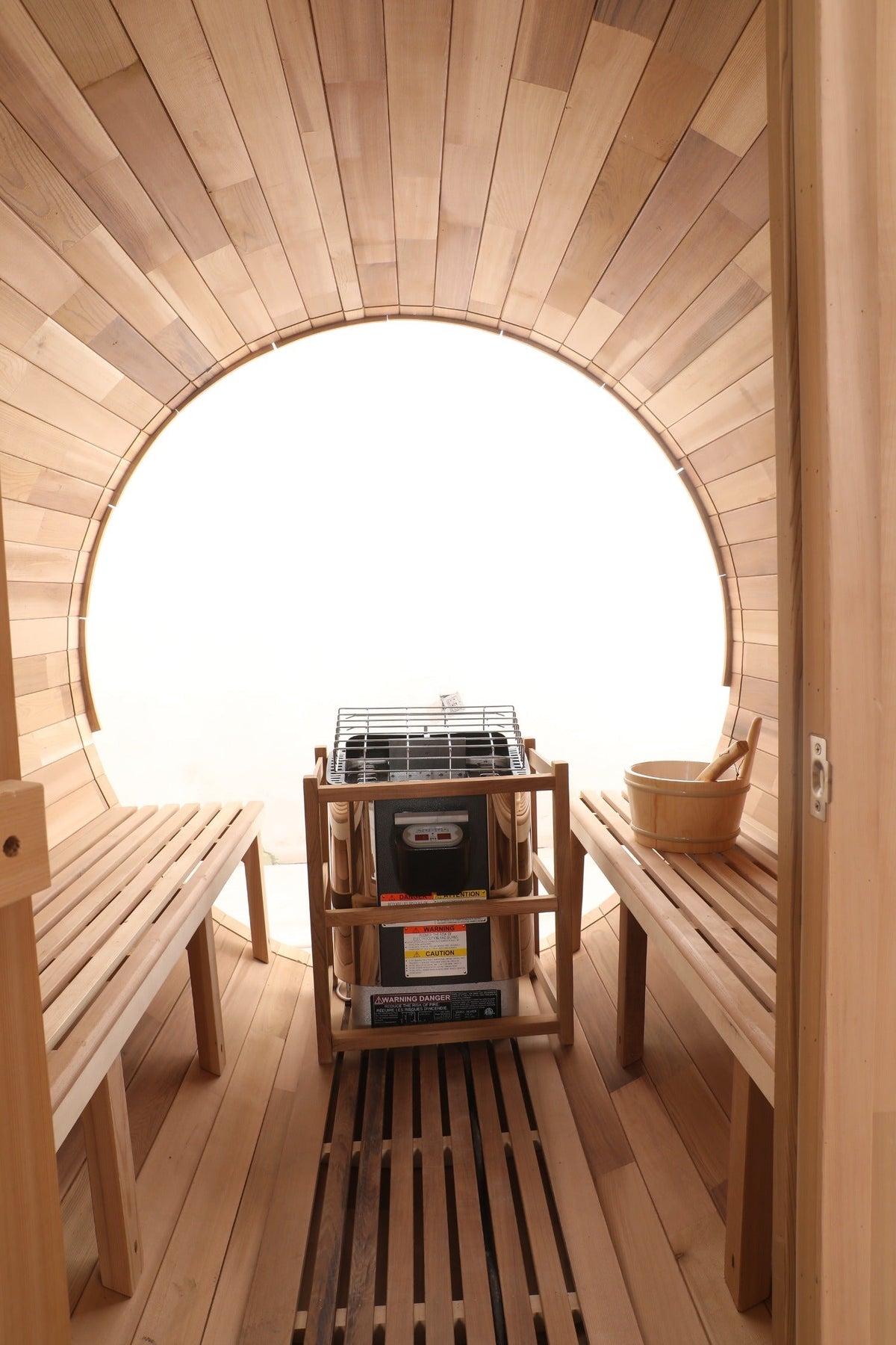 Blisspod Prague Canadian Red Cedar Outdoor Steam Barrel Sauna with Full Glass Back and 6 kW Toule Heater, 4–6 Person, 70.87 in. Diameter