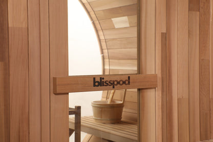 Blisspod Prague Canadian Red Cedar Outdoor Steam Barrel Sauna with Full Glass Back and 6 kW Toule Heater, 4–6 Person, 70.87 in. Diameter