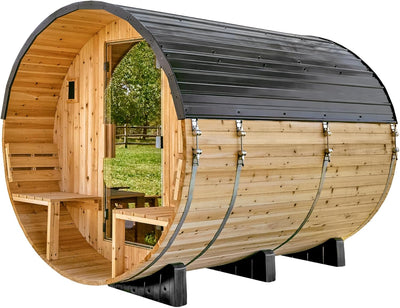 Backyard Discovery Paxton Barrel Sauna with Porch – 4–6 Person Cedar, 9 kW Heater, Wi-Fi Control