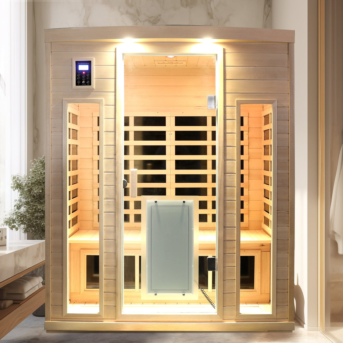 Low EMF Far-Infrared Three Person Sauna Room with Glass Door - Hemlock Wood