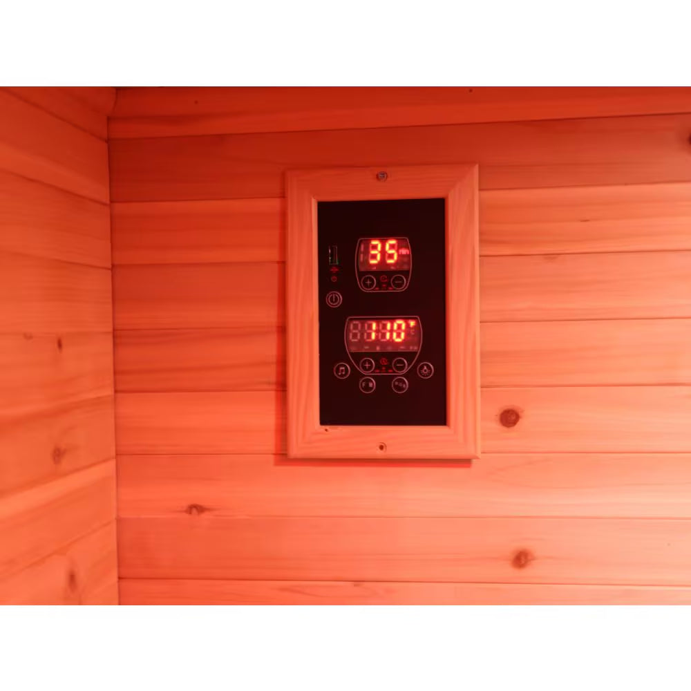 Burlington 2-Person Outdoor Infared Sauna in Hemlock with Weatherproof Cabin, Metal Roof and Bluetooth Sound System