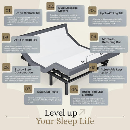 Sven & Son Harmony Adjustable Bed Base, Head and Foot Lift, Massage, Under-Bed Lights, USB, Gel Memory, Zero Gravity Smart Frame - Full + 14 Inch Hybrid Spring Matt (Medium Soft)