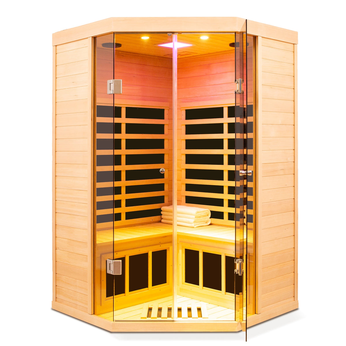 Home Furnishers 2-Person Deluxe Corner Far Infrared Sauna with 7 Heating Panels, Hemlock Wood