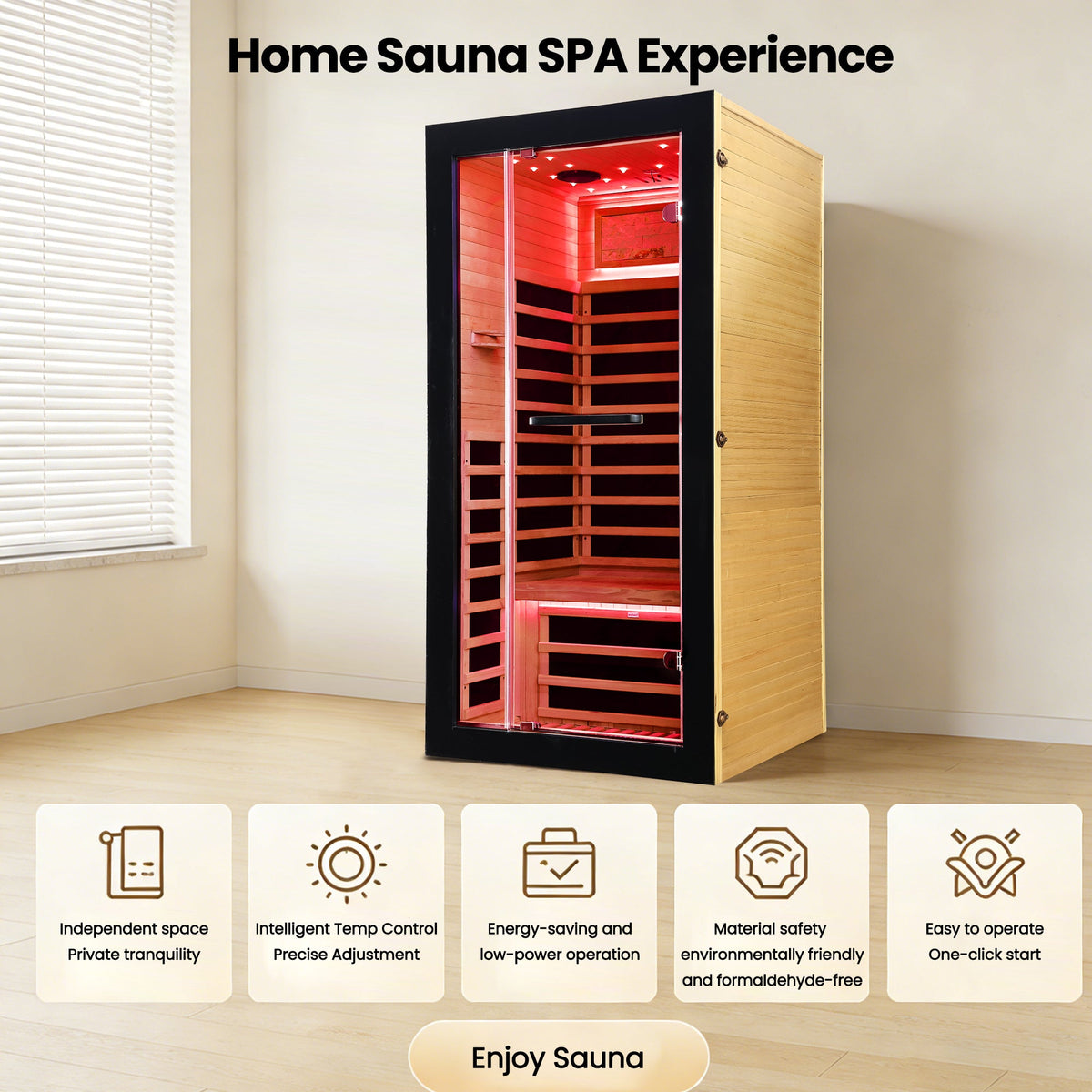 Single-Person Far Infrared Sauna – 7 Carbon Heating Panels, Starry Sky Ceiling, Bluetooth Audio