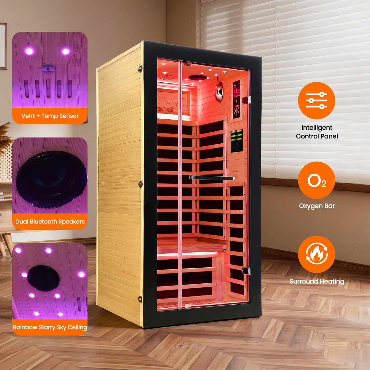 Single-Person Far Infrared Sauna – 7 Carbon Heating Panels, Starry Sky Ceiling, Bluetooth Audio