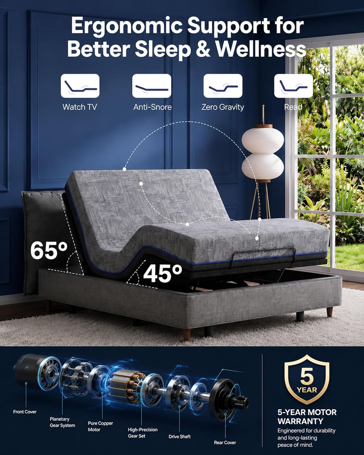 NS0 Full Adjustable Bed Base - Smart Dual Motor Bed Frame with Wireless Remote, 3-Min Assembly, Zero Gravity & Anti-Snore Modes, under Bed Lighting, 4 USB Ports