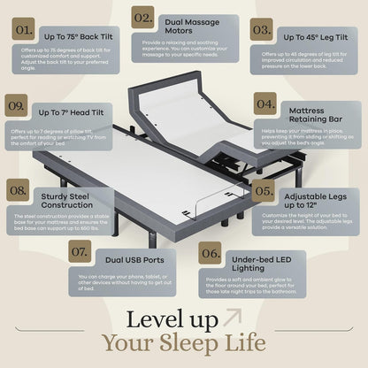 Sven & Son Harmony Adjustable Bed Base, Head and Foot Lift, Massage, Under-Bed Lights, USB, Memory, Zero Gravity Smart Frame - Split King