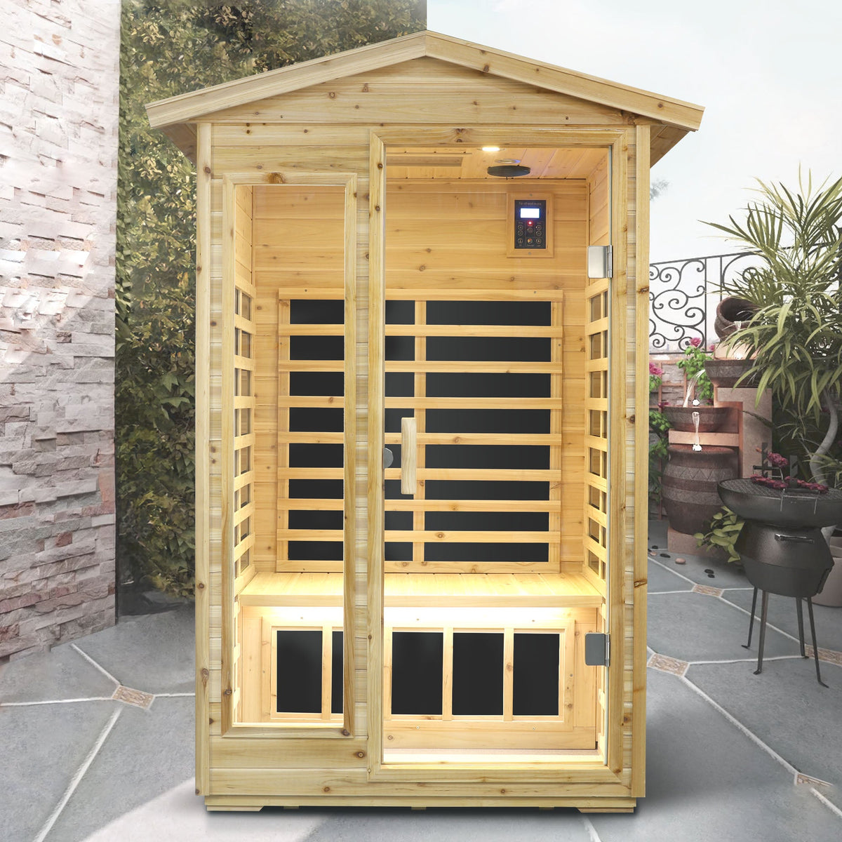 Home Furnishers 2-Person Far Infrared Outdoor Sauna with 6 Heating Panels, Old Fir Wood