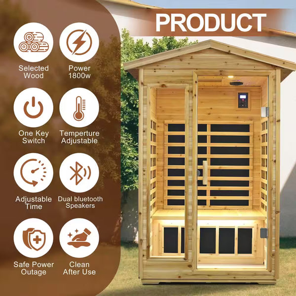 Spygo Moray 1-2 Person Outdoor Far Infrared Sauna, 6 Carbon Crystal Heaters, Chromotherapy, Bluetooth Speakers, Fir, 120 V Plug-In, 58 x 41 x 81 in.