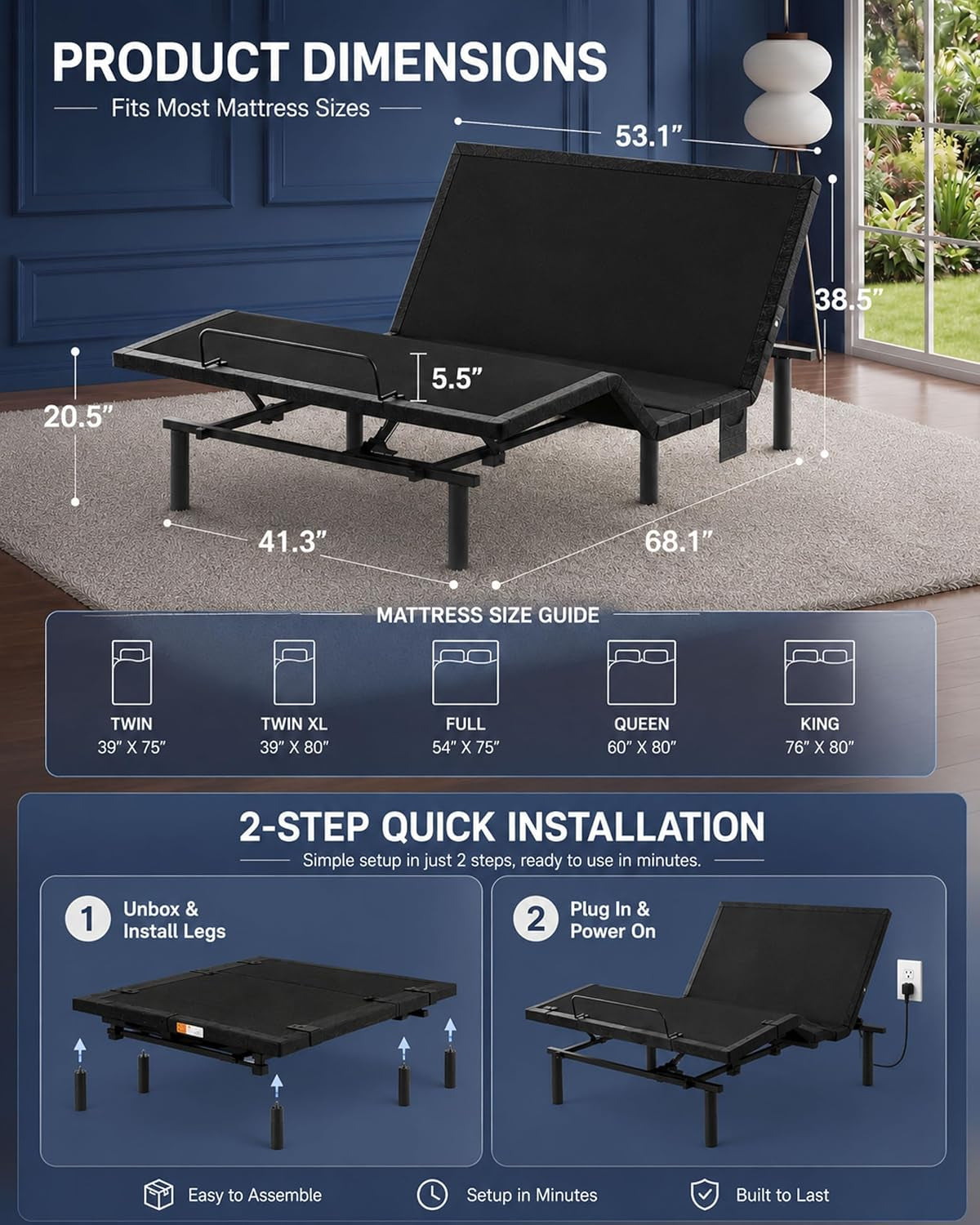 NS0 Full Adjustable Bed Base - Smart Dual Motor Bed Frame with Wireless Remote, 3-Min Assembly, Zero Gravity & Anti-Snore Modes, under Bed Lighting, 4 USB Ports